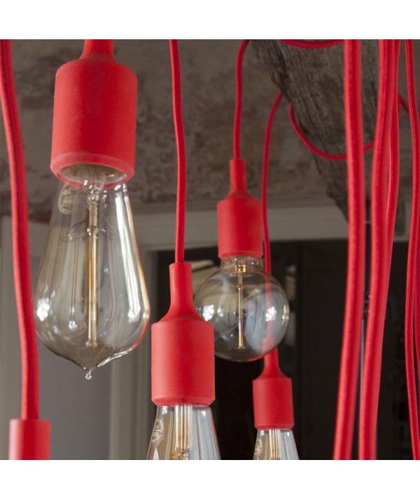 Lampada Spinello Siliconico E27 con portalampada in silicone rosso è filo in cotone rosso particolare