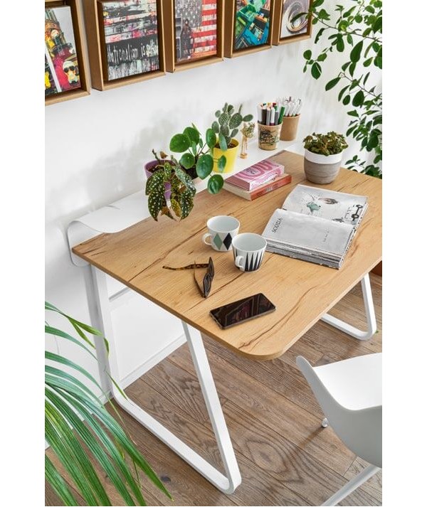 Scrivania Foldy struttura in metallo bianco ottico opaco piano nobilitato rovere naturale