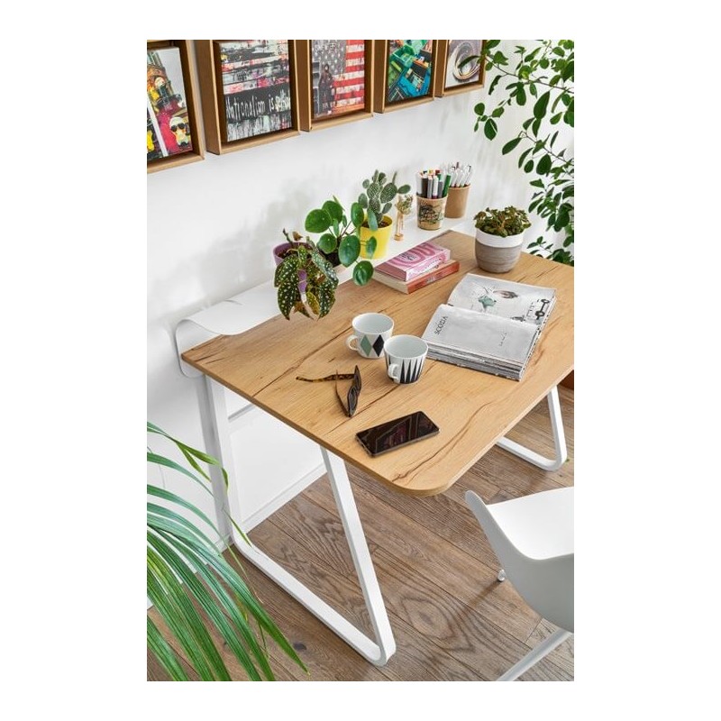 Scrivania Foldy struttura in metallo bianco ottico opaco piano nobilitato rovere naturale