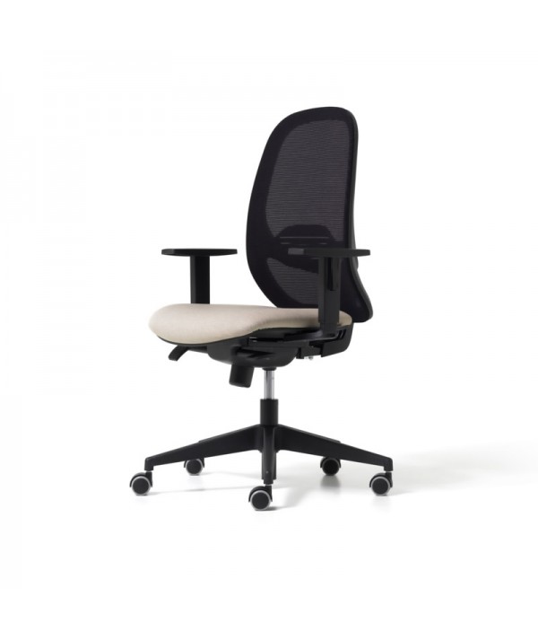 Poltrona hop con struttura nera, con braccioli a T, seduta beige imbottita