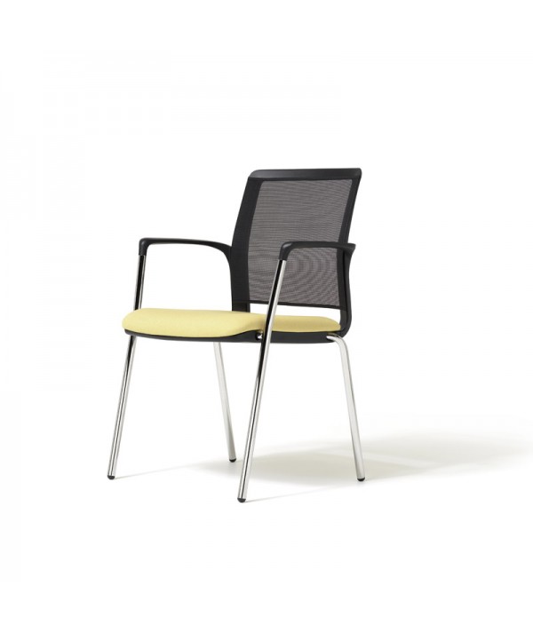 Sedia Host con 4 gambe fisse cromate, seduta imbottita gialla