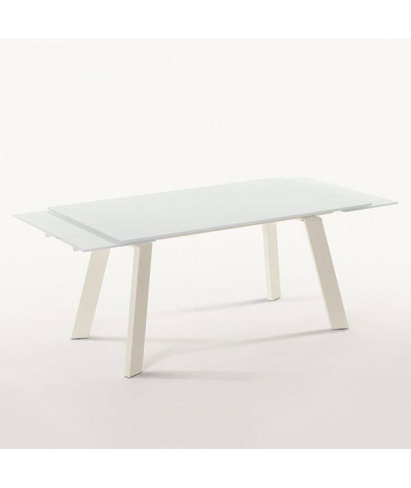 tavolo Gulliver con struttura in alluminio color bianco laccato e base in cristallo trasparente extrawhite lucido