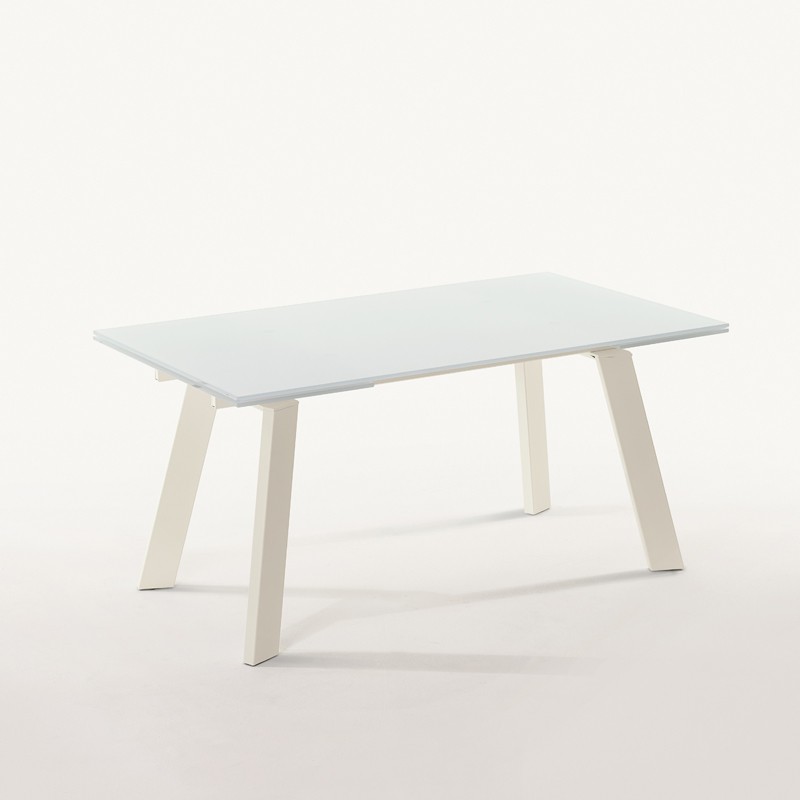 tavolo Gulliver con struttura in alluminio color bianco laccato e base in cristallo trasparente extrawhite lucido