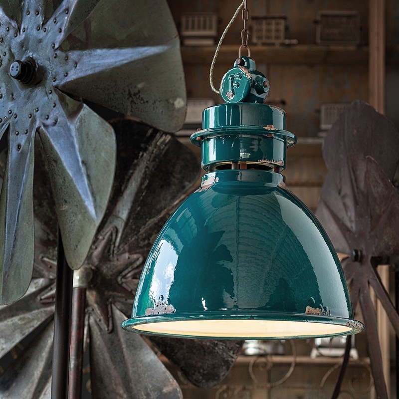 lampada a sospensione Ferroluce industrial colore verde vintage lampada a sospensione Ferroluce industrial colore verde vintage