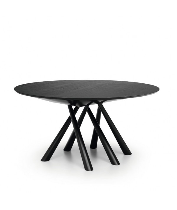 Tavolo Rotondo Forest di Midj realizzato con struttura in acciaio nero e piano in impiallacciato rovere nero