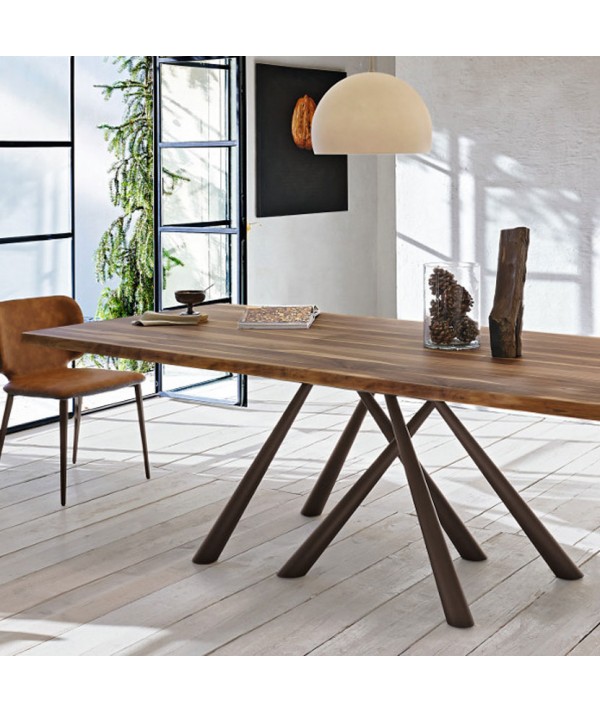 Tavolo Forest Fisso di Midj realizzato con la struttura in acciaio marrone piano in legno massello di noce bordo corteccia