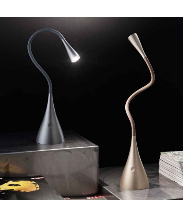 Lampada da tavolo Flex PM di colore grigio metallizzato o oro