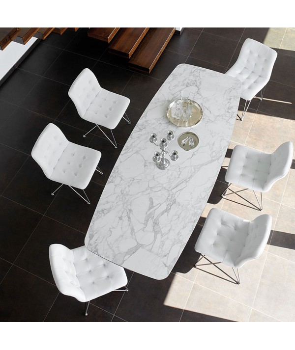 tavolo fisso cosmo di friulsedie con piano in ceramica arabescato lucido e gambe in metallo bianco particolare piano