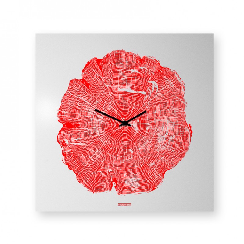 Orologio Life da parete realizzato con lamiera di metallo serigrafata a mano, disegno rosso Orologio Life da parete realizzato con lamiera di metallo serigrafata a mano, disegno rosso