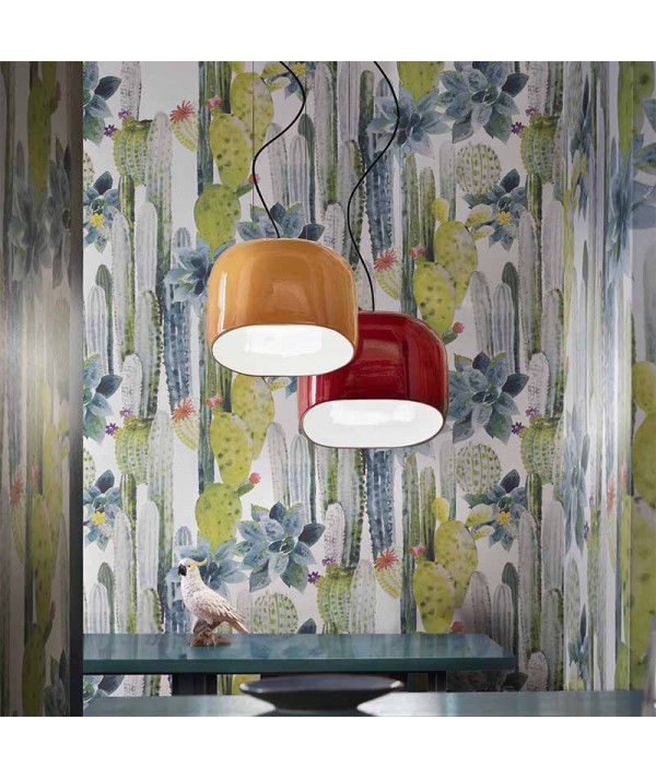lampada a sospensione ayrton di deco ferroluce in ceramica giallo o rosso ambientata