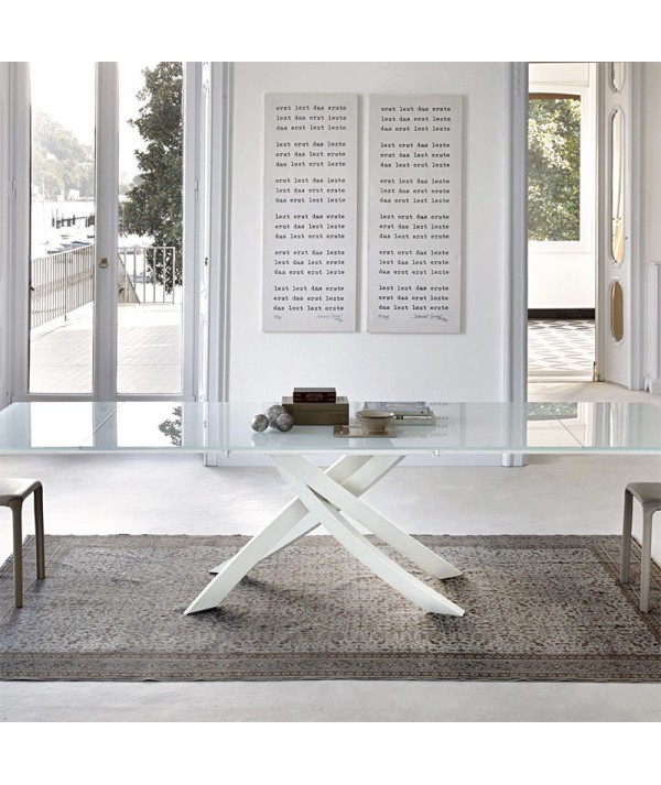 tavolo allungabile artistico in acciaio e cristallo bianco extrawhite lucido