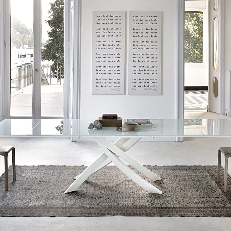 tavolo allungabile artistico in acciaio e cristallo bianco extrawhite lucido